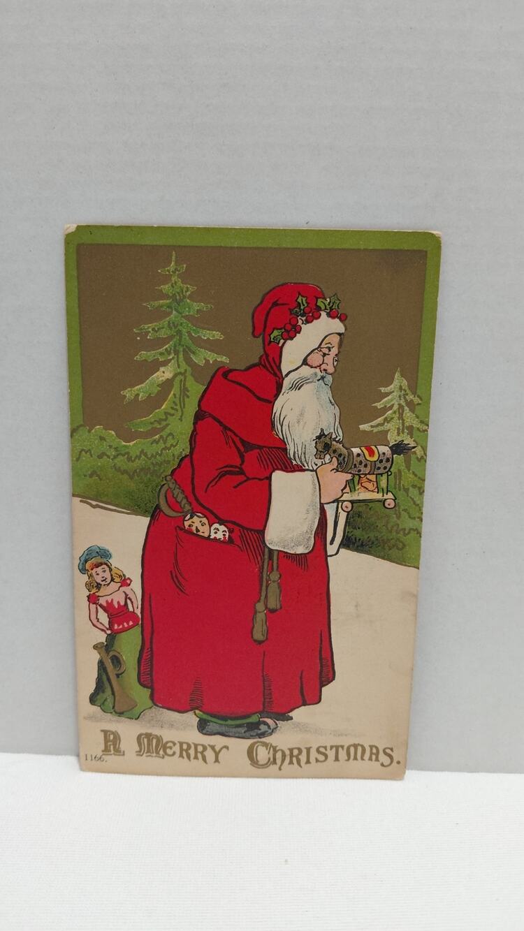Antique Christmas Postcard Santa Claus Dressed in Red Divided Posted